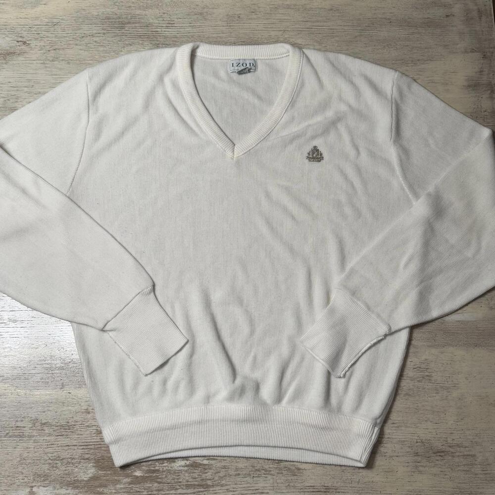 Vintage Izod White Embroidered Emblem V-Neck Sweater Size XL